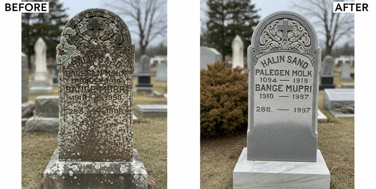Before and after picture of cleaned headstones