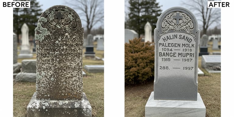 Before and after picture of cleaned headstones