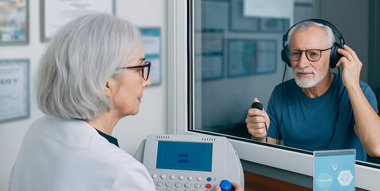 Senhor fazendo exame de audiometria vocal