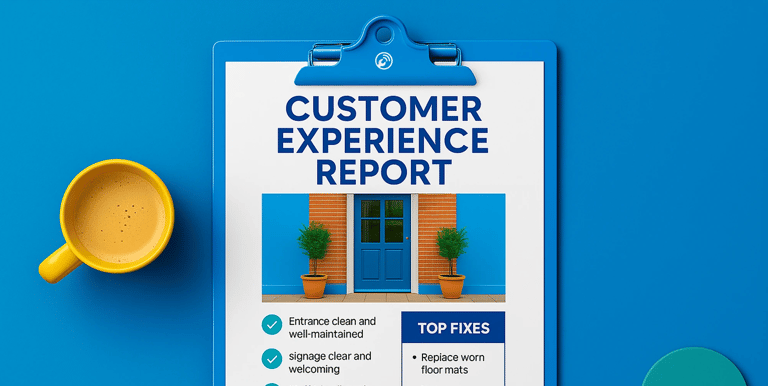 Customer Experience Inspection report on blue clipboard with checklist and improvement notes in a bright café setting.