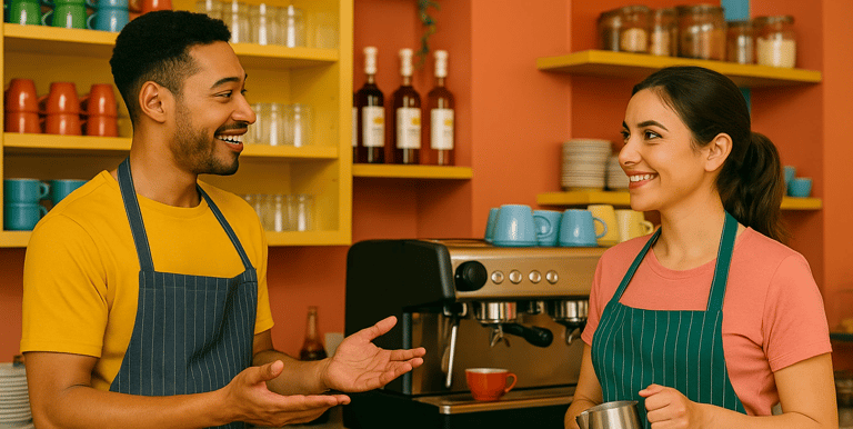 Baristas smiling and talking while preparing drinks behind a colorful, modern café counter.