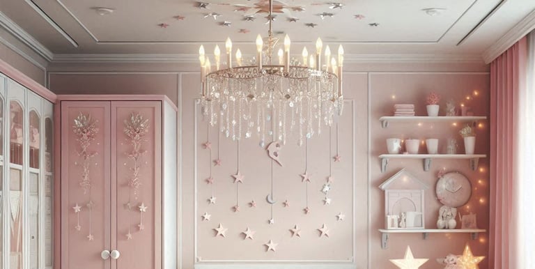QUARTO COM BERÇO, GUARDA ROUPA,LUSTRE DE ESTRELAS, COR ROSA E AZUL CLARO