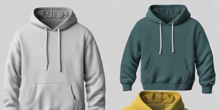 Several graphic sweatshirts are hanging on display outdoors. The clothes have various designs and logos, with some referencing San Francisco. They are arranged in a row under a bright yellow awning.