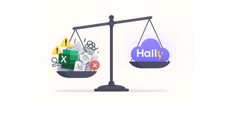 A scale with the complexity of Excel on one side and the simplicity of Hally on the other.