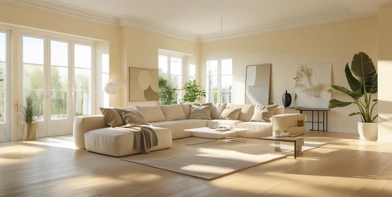 Modern living room with eggshell white walls, natural light, and oak flooring.