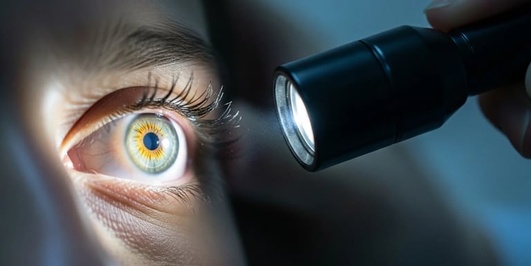 Optometrist doing torch light eye examination looking for eye problems and eye diseases.