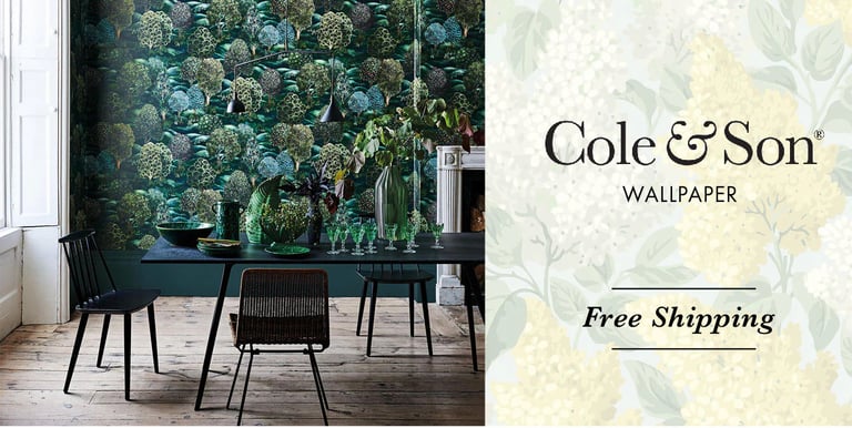 Cole & Son floral wallpaper featuring forest and lilac designs in stylish dining and living rooms.