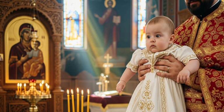Ένα μωρό με μια λευκή φορεσιά στην τελετή της βάπτισής του.