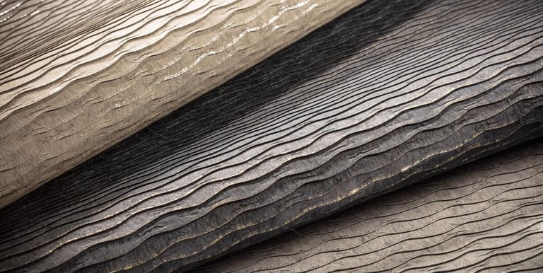 Textured luxury wallpaper samples with elegant metallic wavy patterns in beige, charcoal, and bronze tones.