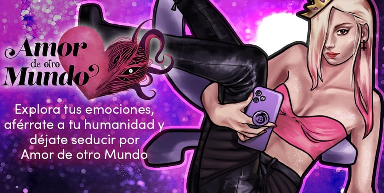 Una mujer joven sentada en una silla. Con el logo editorial de ADOM: un corazón con tentáculos