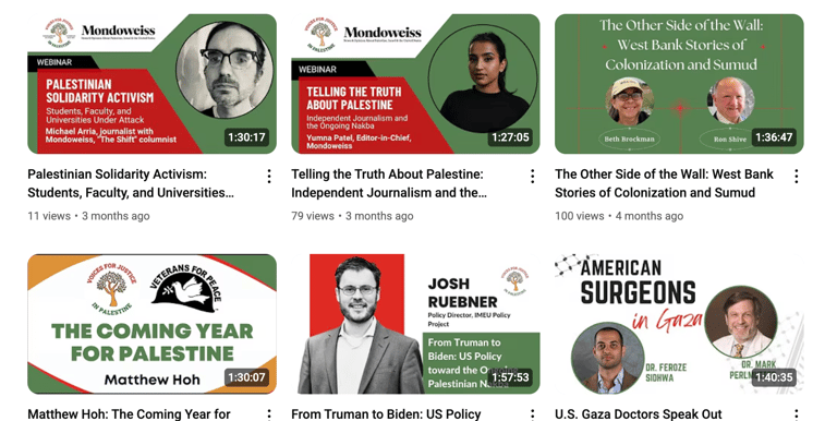 A screenshot of VJP's youtube changgel with thumbnails of all the webinars we have hosted