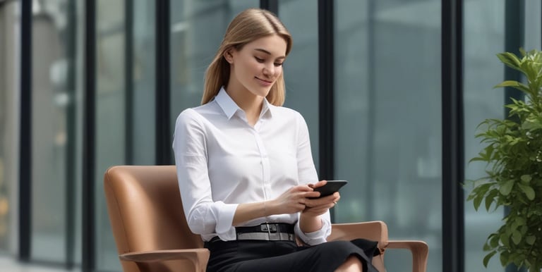 A soft pastel illustration of a calm person sitting peacefully with a phone displaying the nestled app.