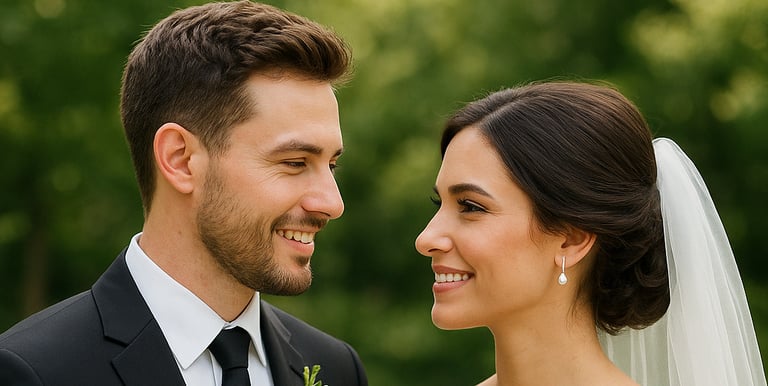 Ένα νεόνυμφο ζευγάρι που χαμογελά μαζί στο γάμο του.