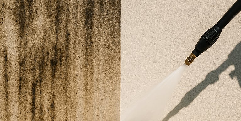 Before and after picture of commercial and residential pressure washing service.