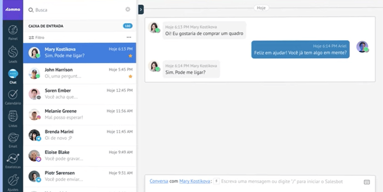 Imagem caixa de entrada kommo com exemplo de conversa