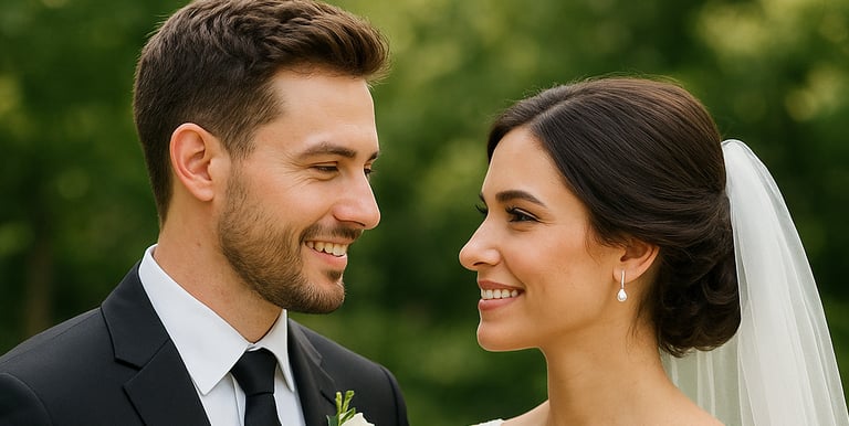 A newly married couple smiling together at their wedding.