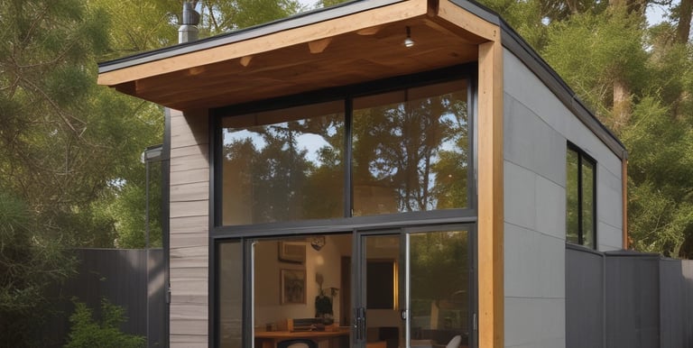 A cozy accessory dwelling unit nestled in a sunny backyard.