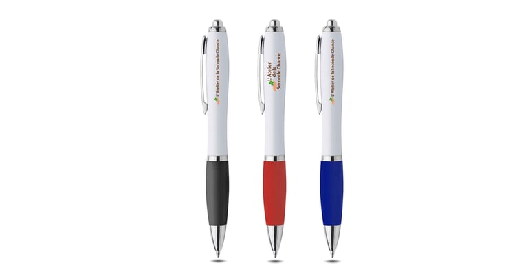 stylo à bille blanc avec embout en caoutchouc de couleur