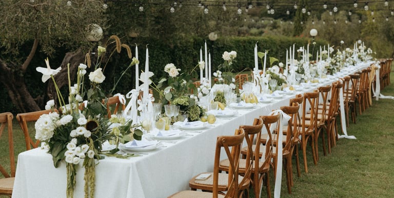 a long table with a long table set for a wedding in Tuscany