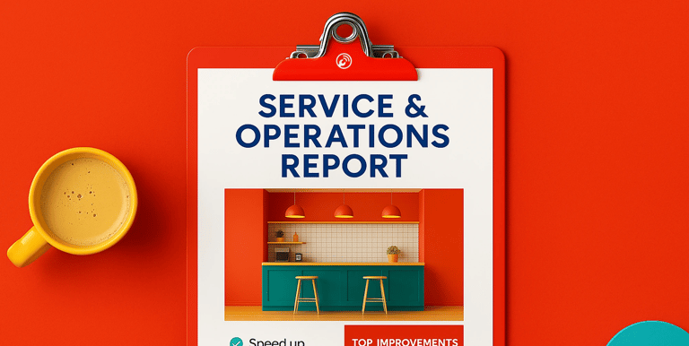 Service and Operations Inspection report on red clipboard with service improvement notes and vibrant workspace visual.