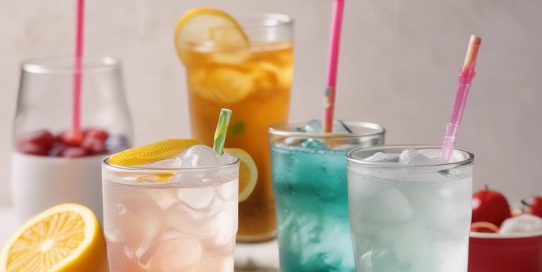 A vibrant display of colorful drinks resembling chemical reactions.