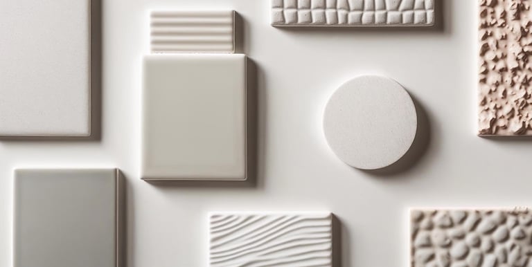 Close-up of ceramic tile samples with glossy, matte, and patterned finishes.