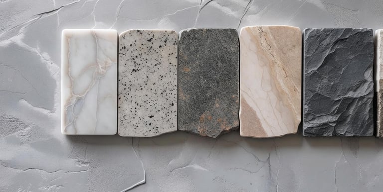 Close-up of polished marble, granite, travertine, and slate natural stone samples.