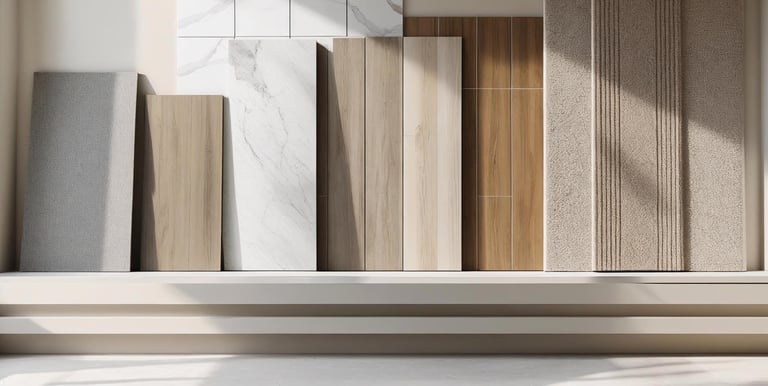 Various flooring materials including wood, tile, marble, laminate, vinyl, and carpet samples.