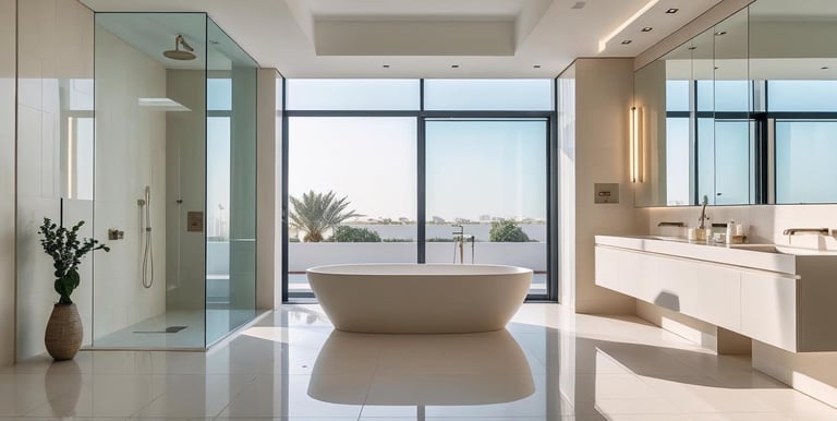 Wide view of a modern bathroom with walk-in shower, freestanding tub, vanities, and wet room design.
