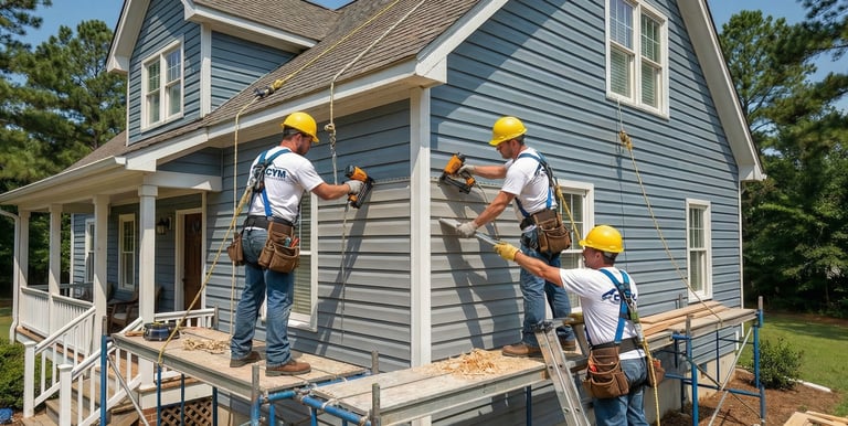 Siding repair contractors fixing damaged vinyl siding in Durham NC