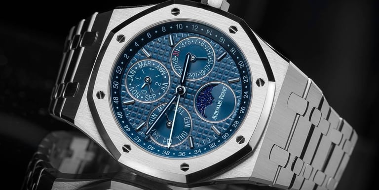 Audemars Piguet Royal Oak Moonphase watch with blue dial and stainless steel case