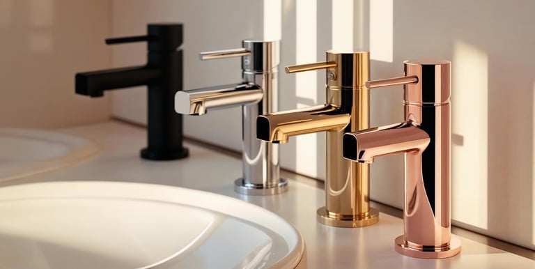 Display of luxury bathroom faucets in multiple finishes including black and brass.