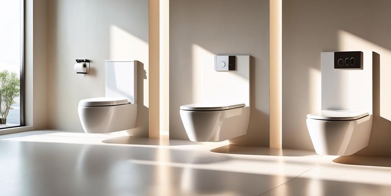 Display of modern toilet styles and bidets in a showroom setting.