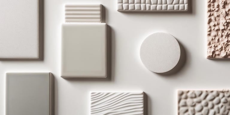 Close-up of ceramic tile samples with glossy, matte, and patterned finishes.