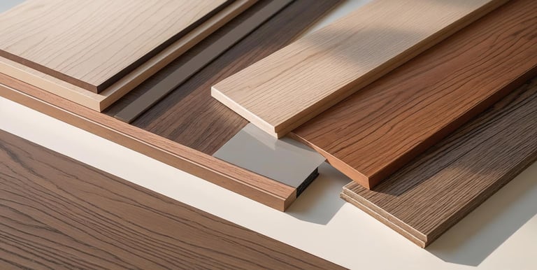 Close-up of engineered wood flooring samples with various finishes.