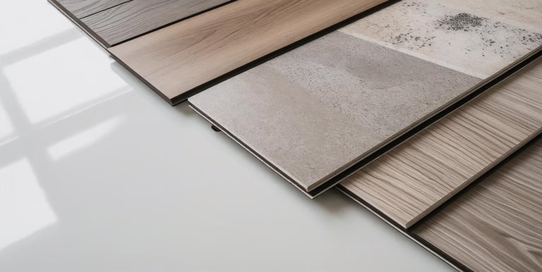 Close-up of laminate flooring samples with woodgrain and stone-look finishes.