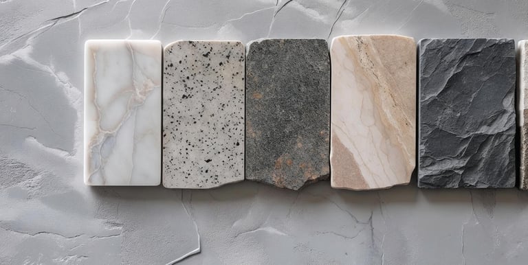 Close-up of polished marble, granite, travertine, and slate natural stone samples.
