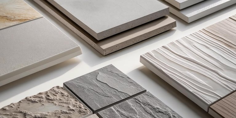 Close-up of porcelain tile samples showcasing different finishes and textures.