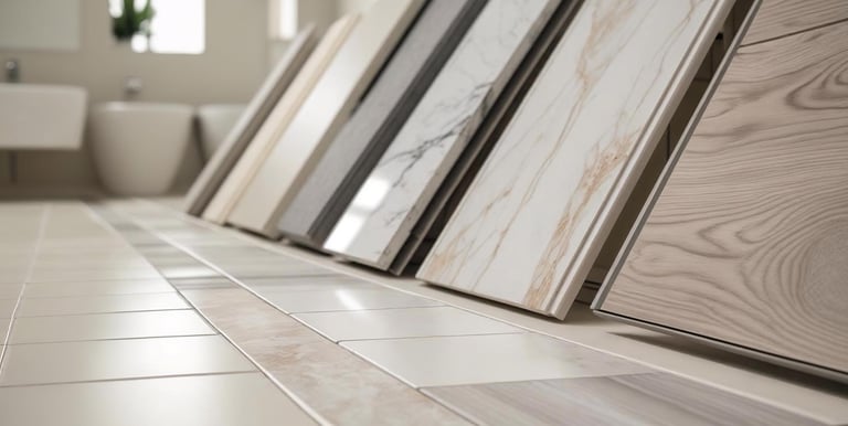 Bathroom flooring samples including porcelain, marble, vinyl, and wood-look tiles.