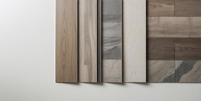 Close-up of vinyl plank flooring samples with wood-look and stone-look finishes.