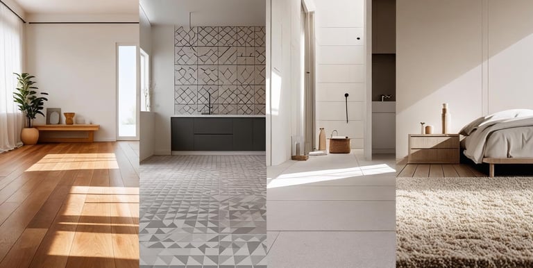 Collage of hardwood, tile, carpet, and stone flooring styles for various rooms.