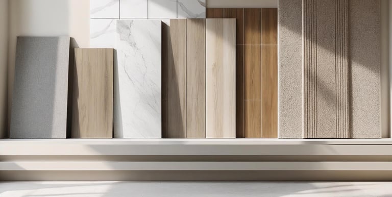 Various flooring materials including wood, tile, marble, laminate, vinyl, and carpet samples.