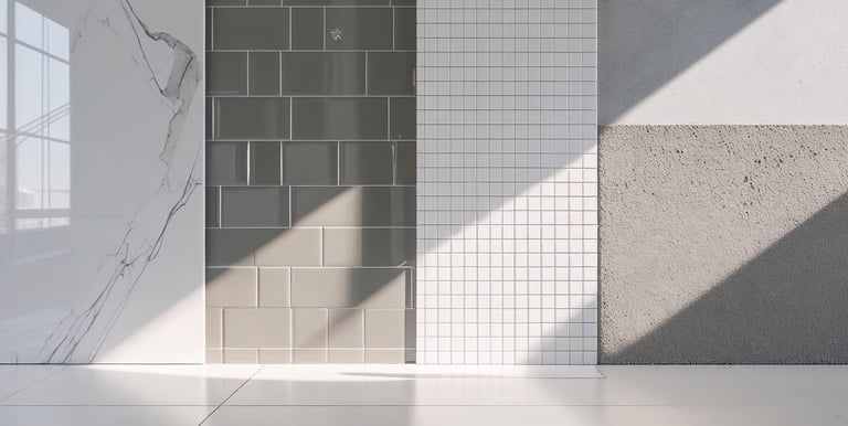 Display of different bathroom wall finishes including marble, tile, and microcement.