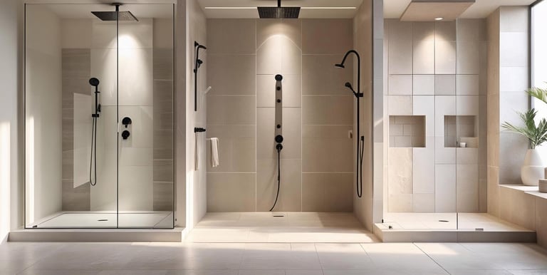 Display of modern walk-in showers with glass, rainfall heads, and built-in niches.