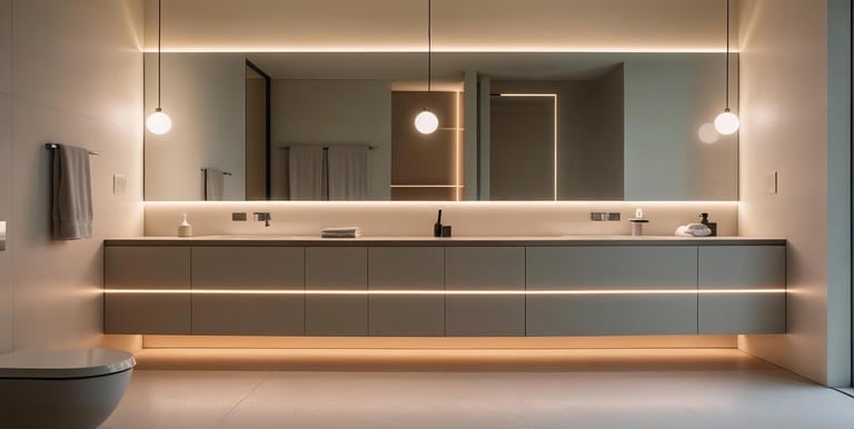 Bathroom with smart lighting and backlit mirrors above a modern vanity.