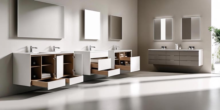 Showroom with different bathroom vanity styles and storage options on display.