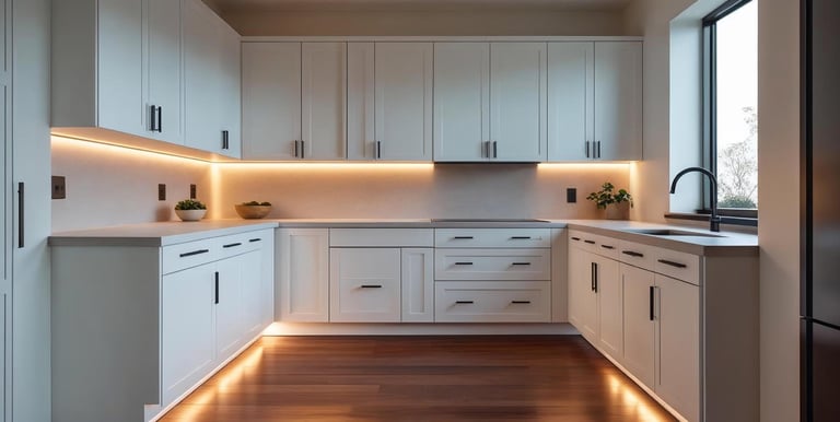White shaker kitchen cabinets with black handles in a modern, minimal space.