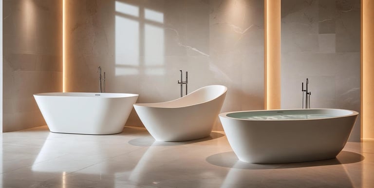 Freestanding and jetted tubs on display in a modern bathroom showroom.