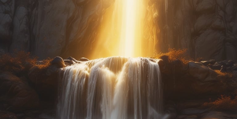 healing golden light energy flowing down a waterfall