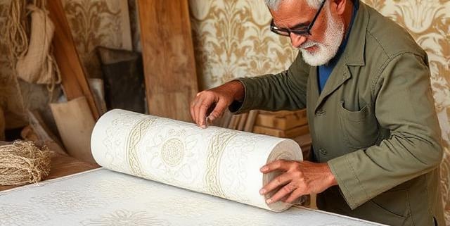 A skilled craftsman unrolling a roll of vintage damask wallpaper on a wooden workbench.